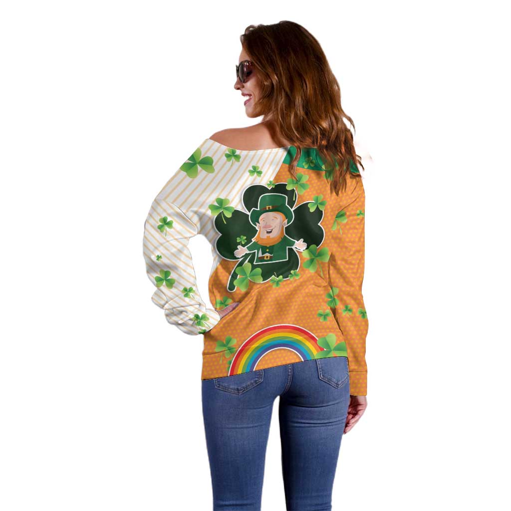 Ireland Irish Leprechaun with Shamrock Off Shoulder Sweater Ireland 17th March Saint Patrick's Day