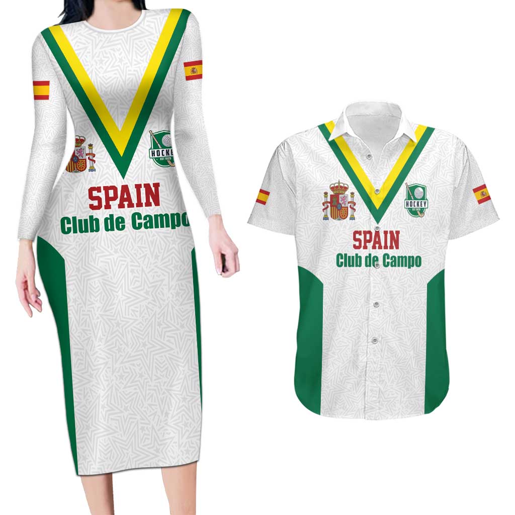 Custom Spain Field Hockey Couples Matching Long Sleeve Bodycon Dress and Hawaiian Shirt Club de Campo Sporty Style