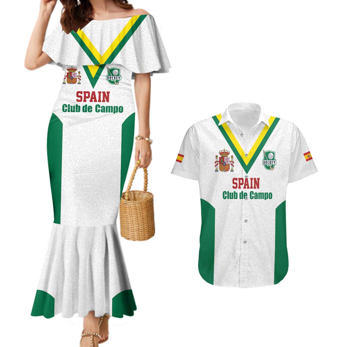 Custom Spain Field Hockey Couples Matching Mermaid Dress and Hawaiian Shirt Club de Campo Sporty Style