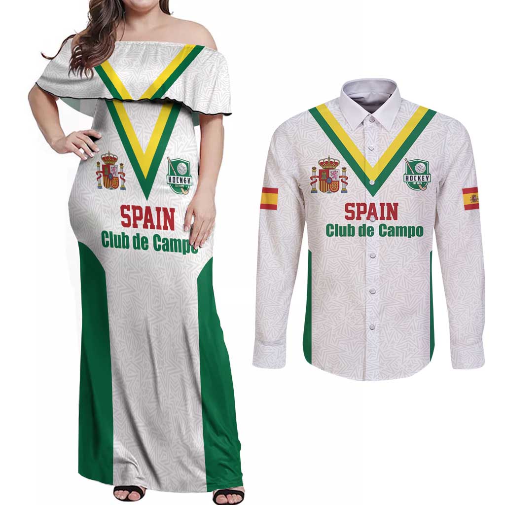 Custom Spain Field Hockey Couples Matching Off Shoulder Maxi Dress and Long Sleeve Button Shirt Club de Campo Sporty Style