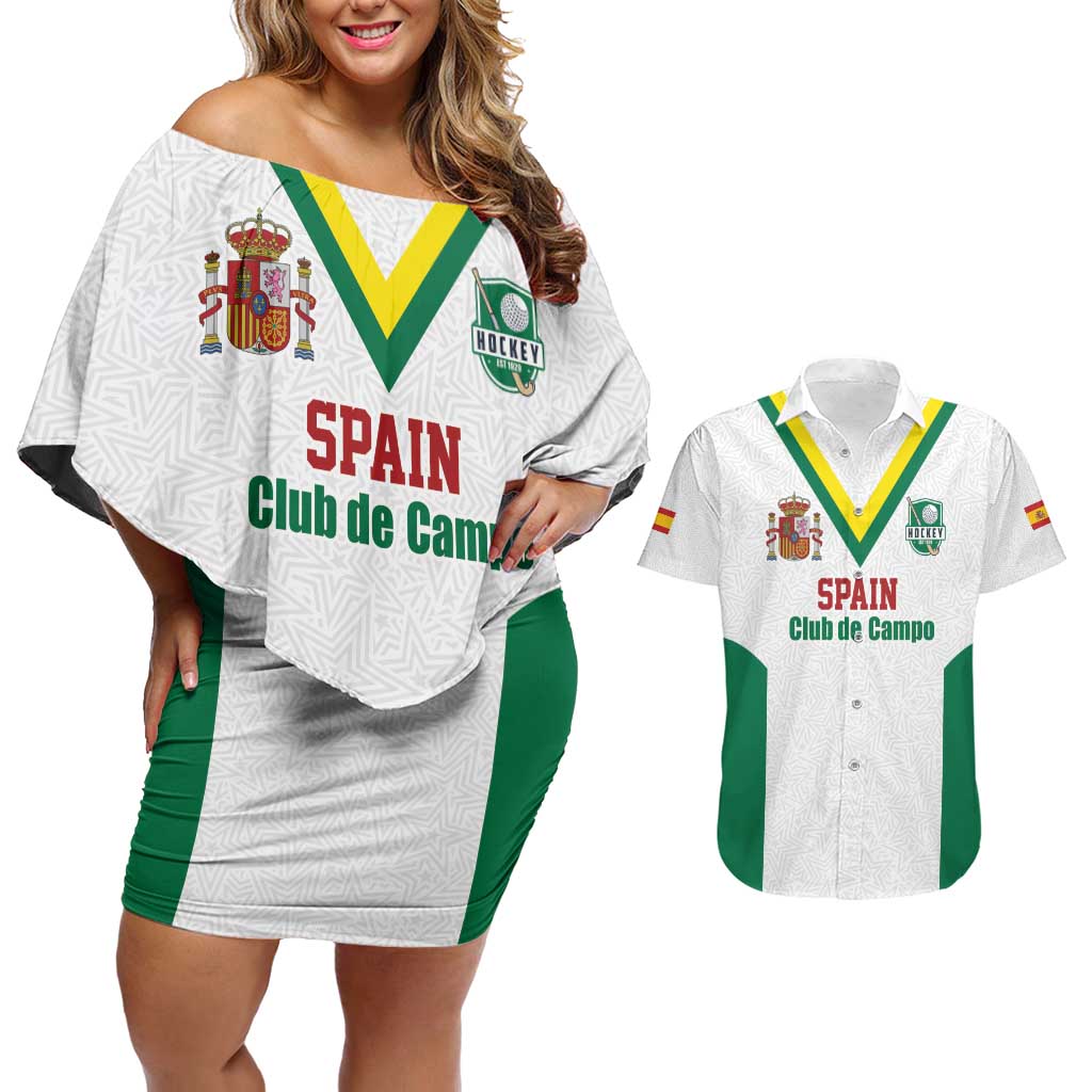 Custom Spain Field Hockey Couples Matching Off Shoulder Short Dress and Hawaiian Shirt Club de Campo Sporty Style
