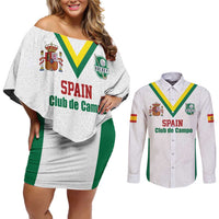 Custom Spain Field Hockey Couples Matching Off Shoulder Short Dress and Long Sleeve Button Shirt Club de Campo Sporty Style