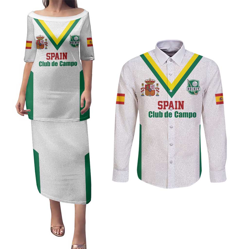 Custom Spain Field Hockey Couples Matching Puletasi and Long Sleeve Button Shirt Club de Campo Sporty Style