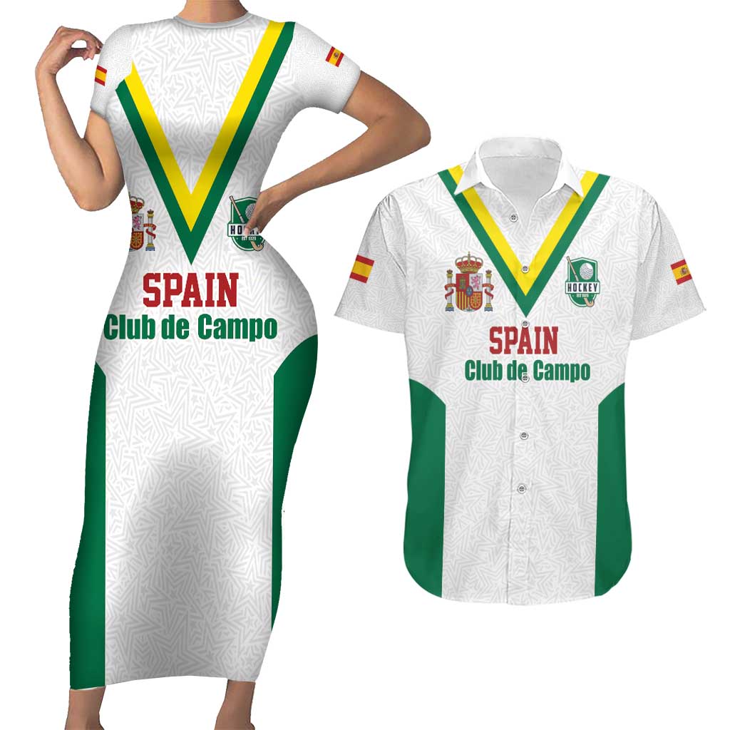 Custom Spain Field Hockey Couples Matching Short Sleeve Bodycon Dress and Hawaiian Shirt Club de Campo Sporty Style