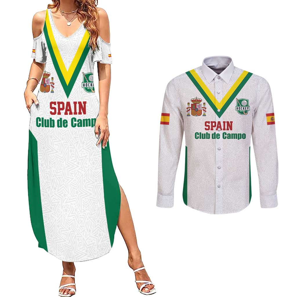 Custom Spain Field Hockey Couples Matching Summer Maxi Dress and Long Sleeve Button Shirt Club de Campo Sporty Style