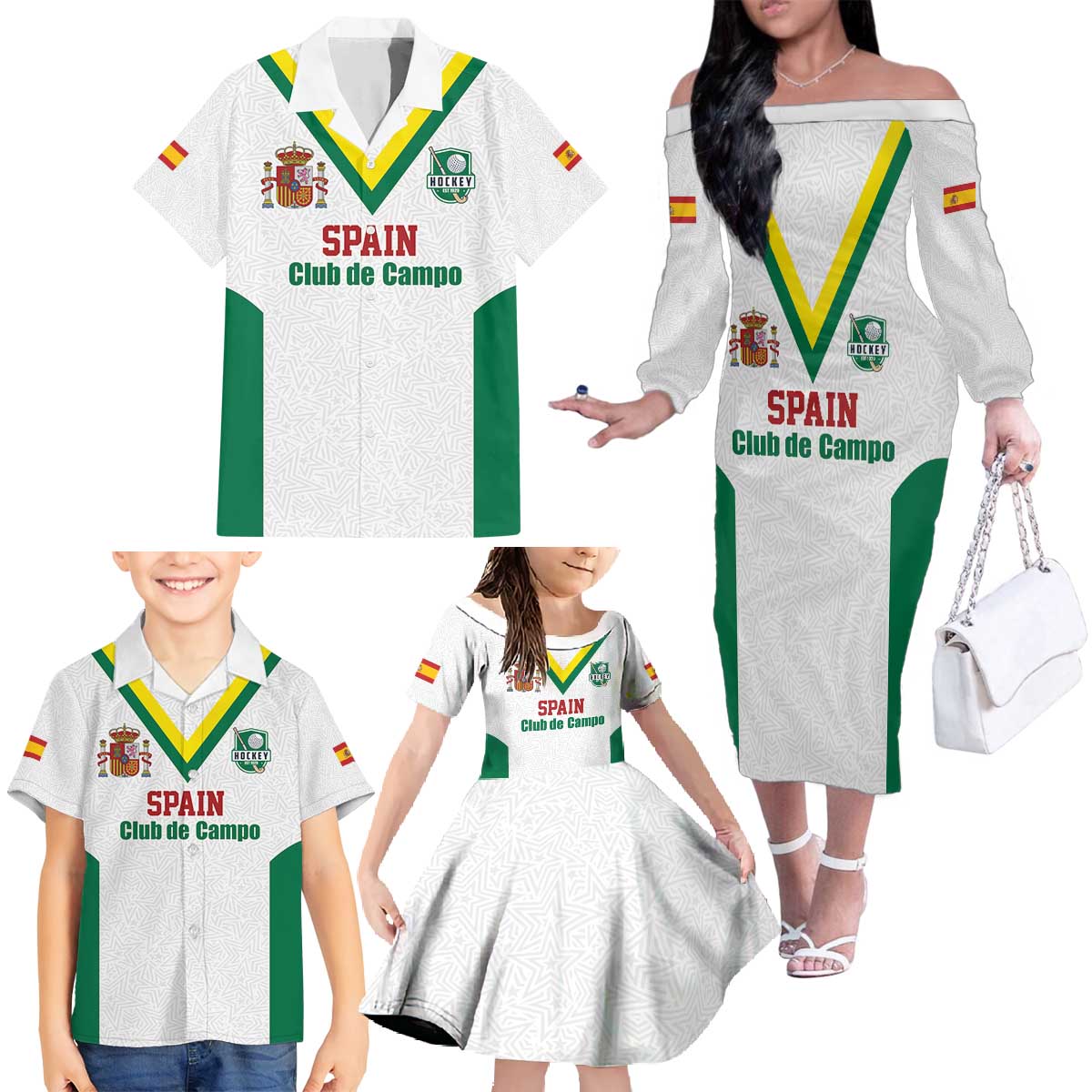 Custom Spain Field Hockey Family Matching Off The Shoulder Long Sleeve Dress and Hawaiian Shirt Club de Campo Sporty Style