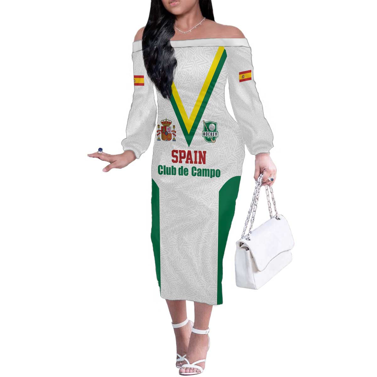 Custom Spain Field Hockey Family Matching Off The Shoulder Long Sleeve Dress and Hawaiian Shirt Club de Campo Sporty Style