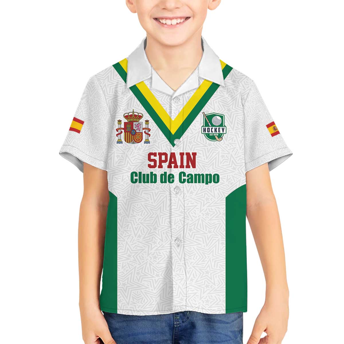 Custom Spain Field Hockey Family Matching Off The Shoulder Long Sleeve Dress and Hawaiian Shirt Club de Campo Sporty Style