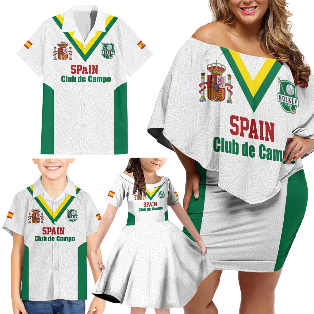 Custom Spain Field Hockey Family Matching Off Shoulder Short Dress and Hawaiian Shirt Club de Campo Sporty Style