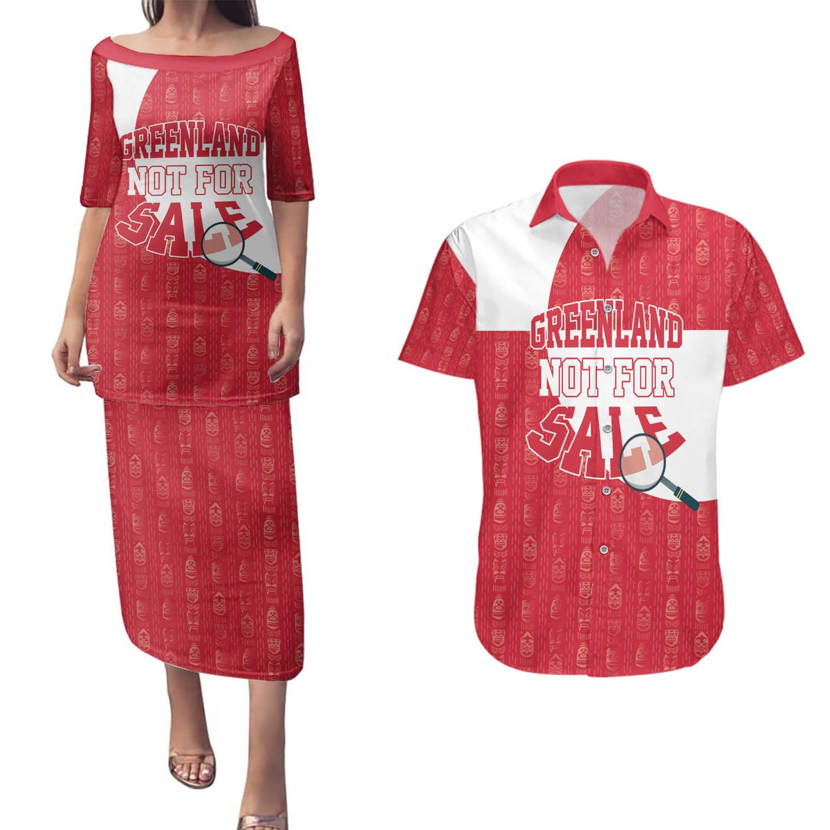 Greenland Not For Sale Couples Matching Puletasi and Hawaiian Shirt Polar Bear