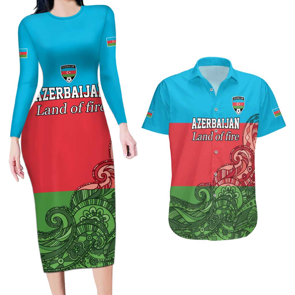 Custom Azerbaijan Football Couples Matching Long Sleeve Bodycon Dress and Hawaiian Shirt Azerbaijan Pattern Buta