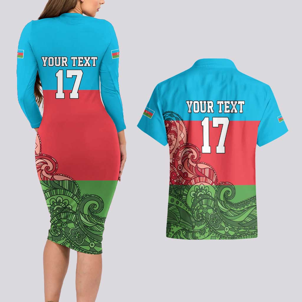 Custom Azerbaijan Football Couples Matching Long Sleeve Bodycon Dress and Hawaiian Shirt Azerbaijan Pattern Buta