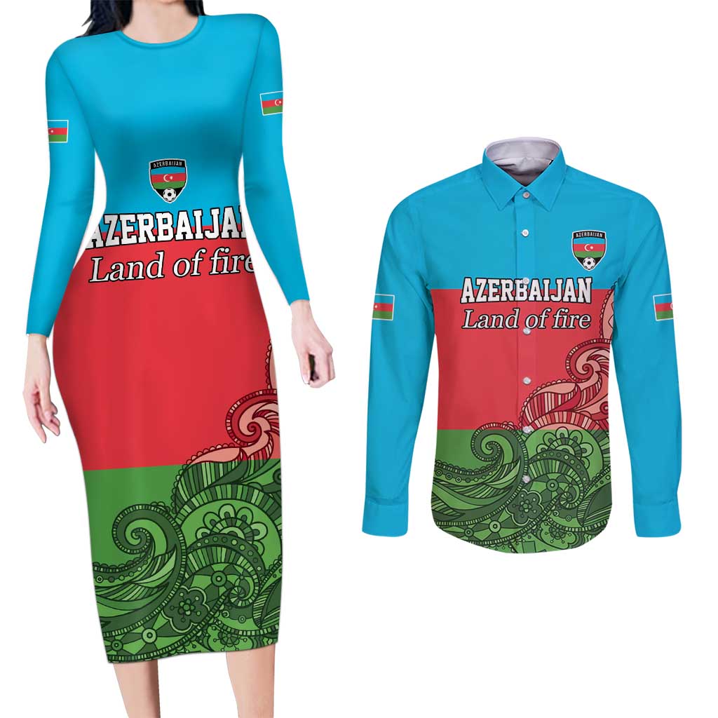 Custom Azerbaijan Football Couples Matching Long Sleeve Bodycon Dress and Long Sleeve Button Shirt Azerbaijan Pattern Buta