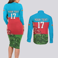 Custom Azerbaijan Football Couples Matching Long Sleeve Bodycon Dress and Long Sleeve Button Shirt Azerbaijan Pattern Buta