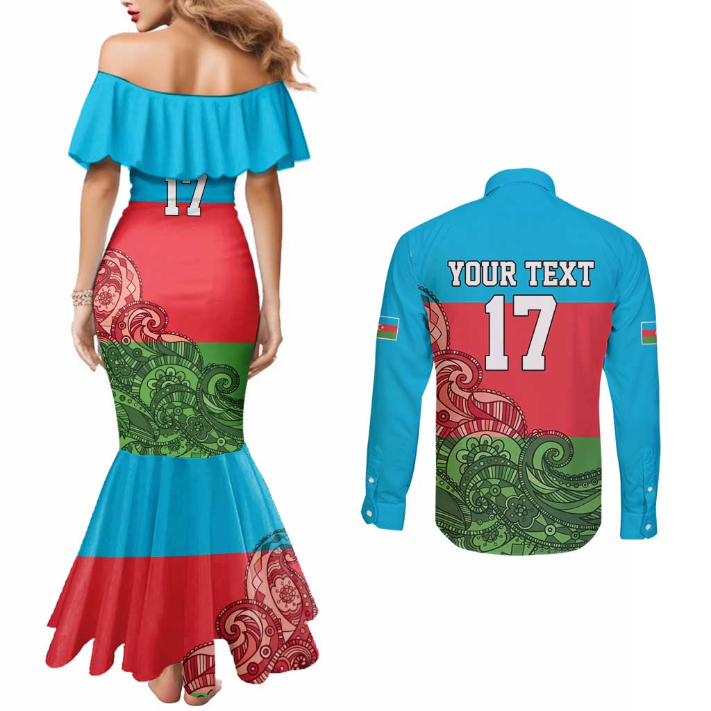 Custom Azerbaijan Football Couples Matching Mermaid Dress and Long Sleeve Button Shirt Azerbaijan Pattern Buta