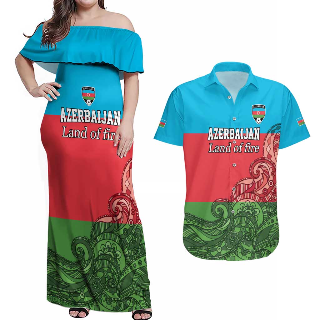 Custom Azerbaijan Football Couples Matching Off Shoulder Maxi Dress and Hawaiian Shirt Azerbaijan Pattern Buta