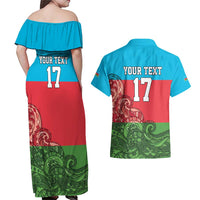 Custom Azerbaijan Football Couples Matching Off Shoulder Maxi Dress and Hawaiian Shirt Azerbaijan Pattern Buta
