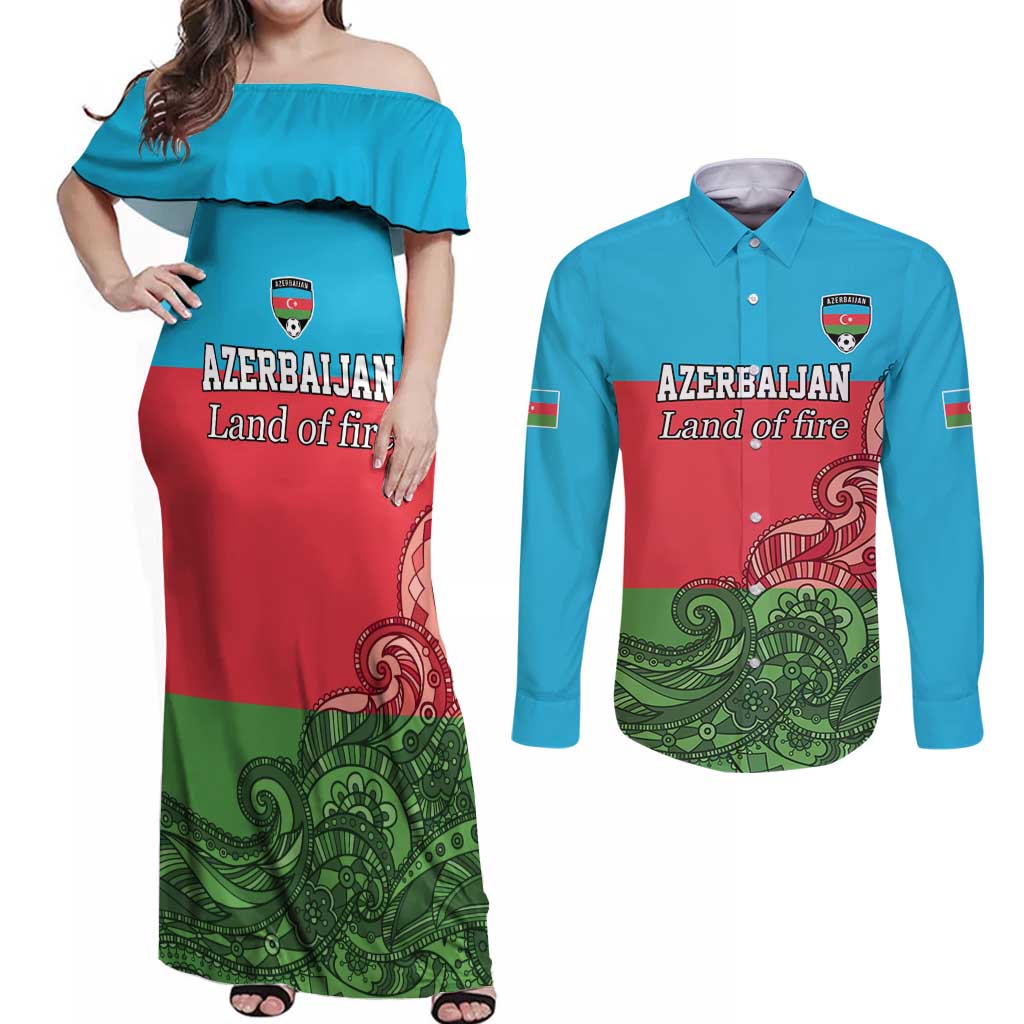 Custom Azerbaijan Football Couples Matching Off Shoulder Maxi Dress and Long Sleeve Button Shirt Azerbaijan Pattern Buta