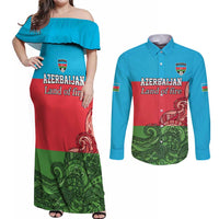 Custom Azerbaijan Football Couples Matching Off Shoulder Maxi Dress and Long Sleeve Button Shirt Azerbaijan Pattern Buta