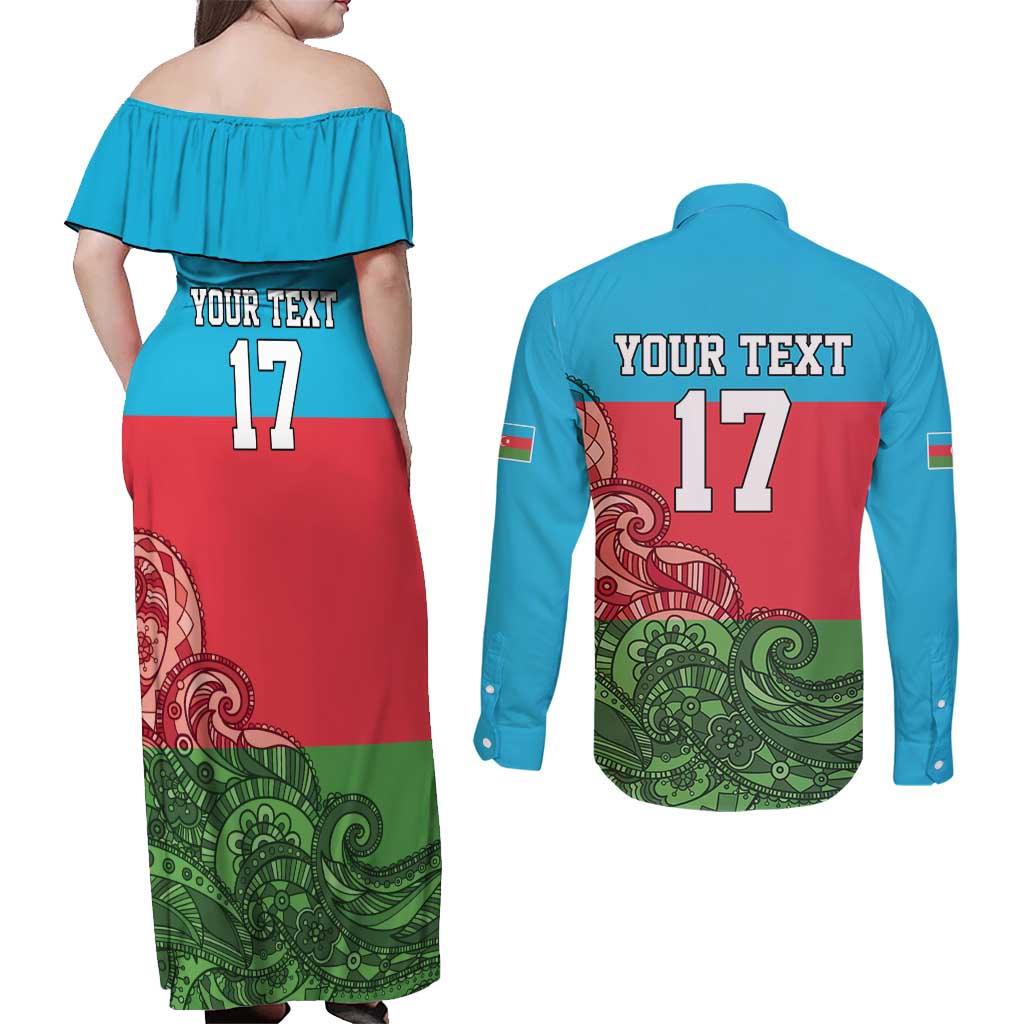 Custom Azerbaijan Football Couples Matching Off Shoulder Maxi Dress and Long Sleeve Button Shirt Azerbaijan Pattern Buta