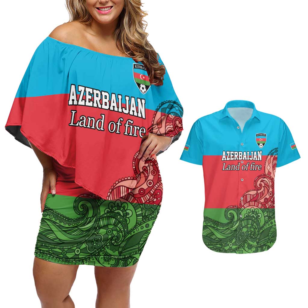 Custom Azerbaijan Football Couples Matching Off Shoulder Short Dress and Hawaiian Shirt Azerbaijan Pattern Buta