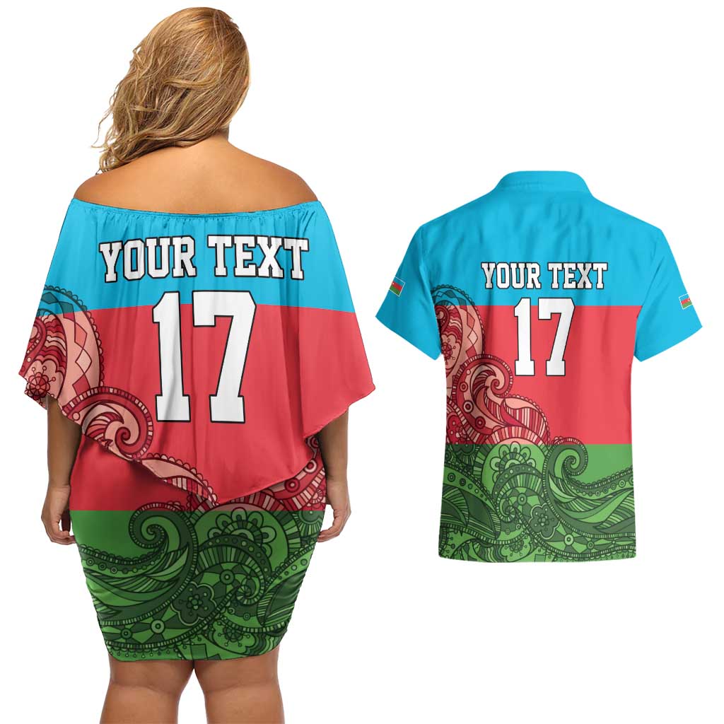 Custom Azerbaijan Football Couples Matching Off Shoulder Short Dress and Hawaiian Shirt Azerbaijan Pattern Buta