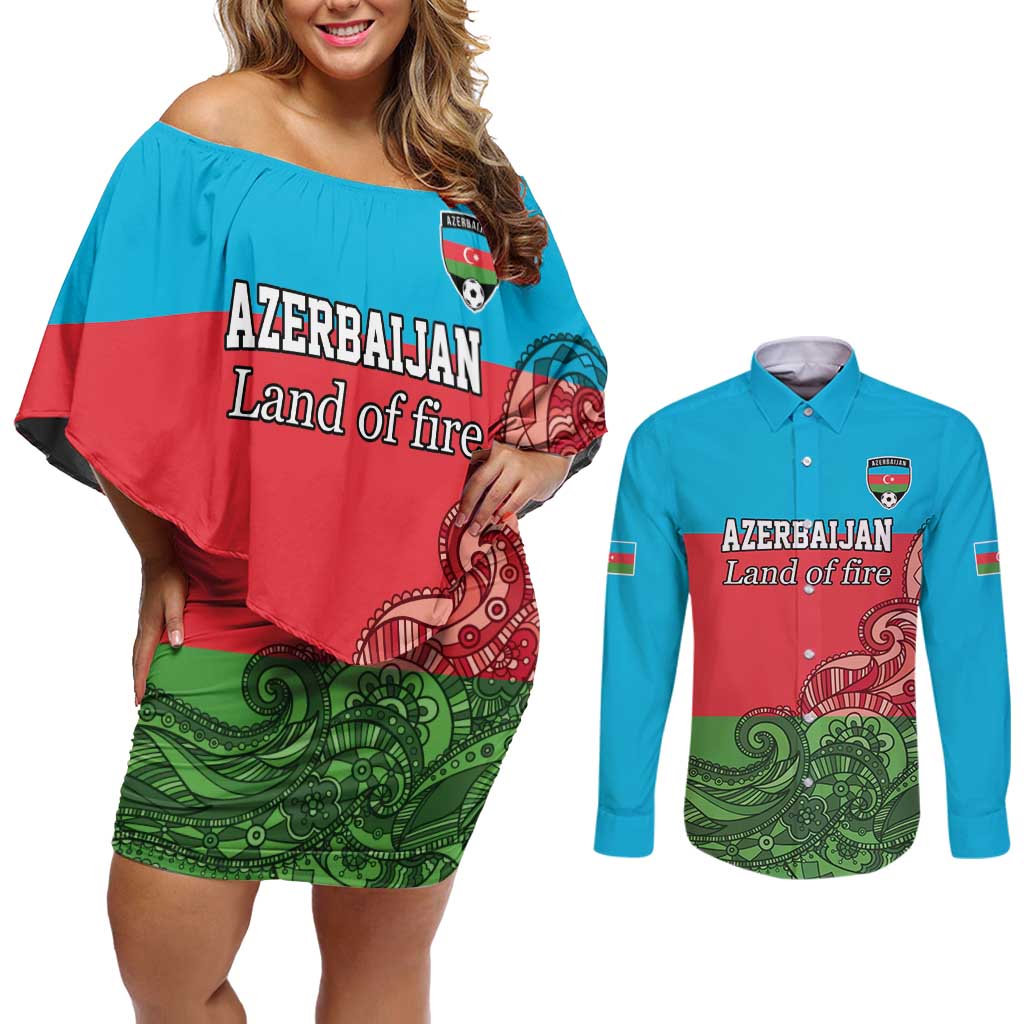 Custom Azerbaijan Football Couples Matching Off Shoulder Short Dress and Long Sleeve Button Shirt Azerbaijan Pattern Buta