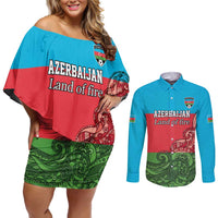 Custom Azerbaijan Football Couples Matching Off Shoulder Short Dress and Long Sleeve Button Shirt Azerbaijan Pattern Buta