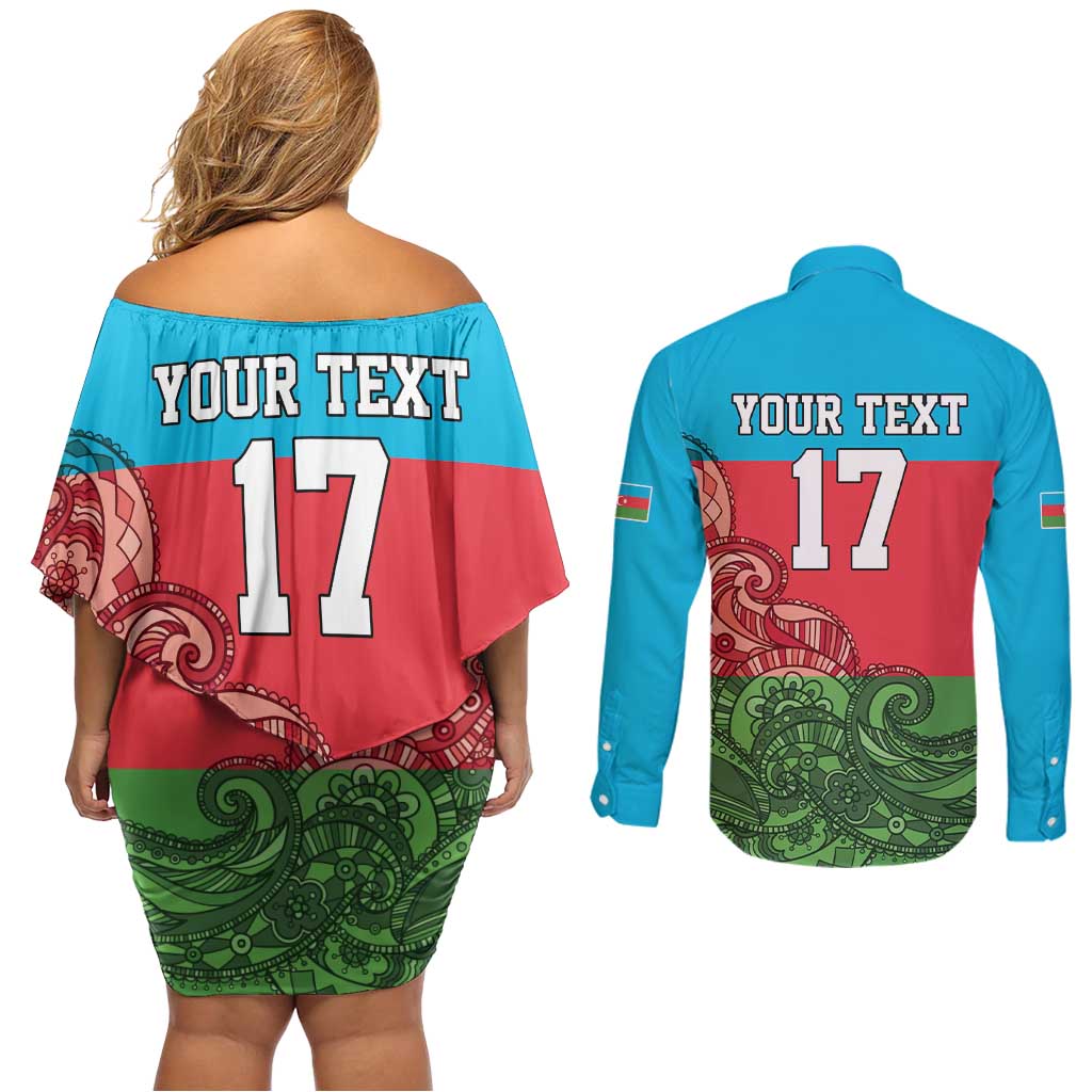 Custom Azerbaijan Football Couples Matching Off Shoulder Short Dress and Long Sleeve Button Shirt Azerbaijan Pattern Buta