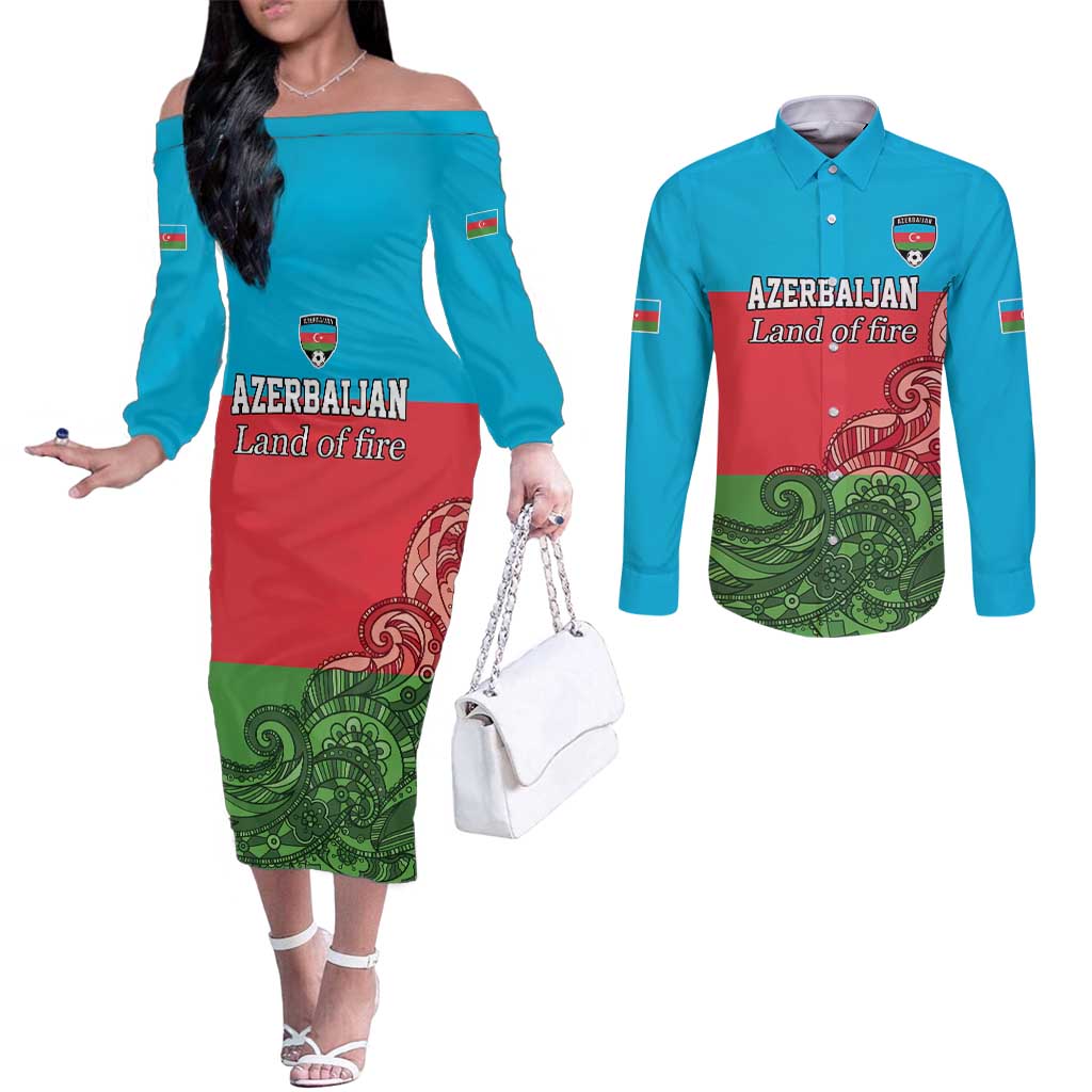 Custom Azerbaijan Football Couples Matching Off The Shoulder Long Sleeve Dress and Long Sleeve Button Shirt Azerbaijan Pattern Buta