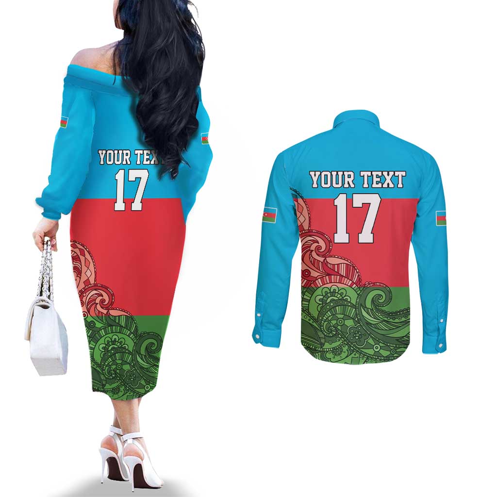 Custom Azerbaijan Football Couples Matching Off The Shoulder Long Sleeve Dress and Long Sleeve Button Shirt Azerbaijan Pattern Buta