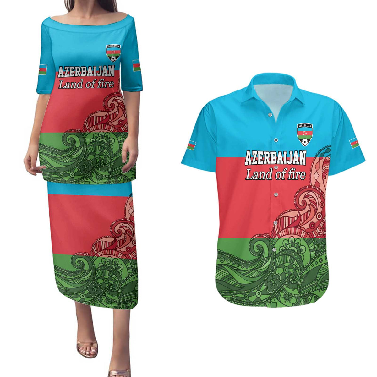 Custom Azerbaijan Football Couples Matching Puletasi and Hawaiian Shirt Azerbaijan Pattern Buta