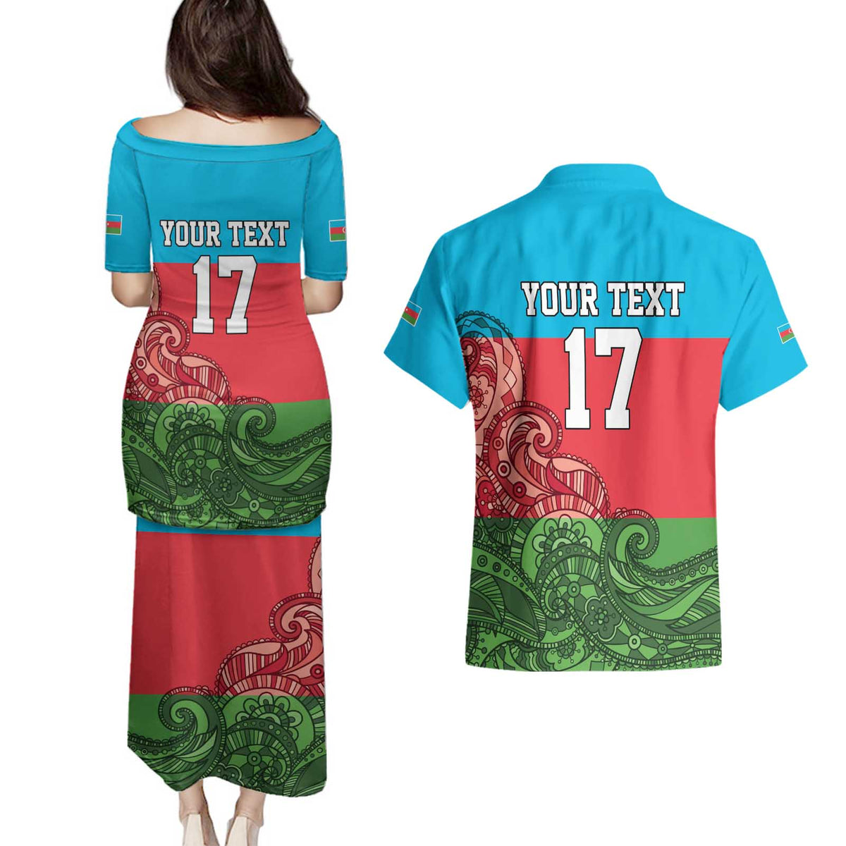 Custom Azerbaijan Football Couples Matching Puletasi and Hawaiian Shirt Azerbaijan Pattern Buta