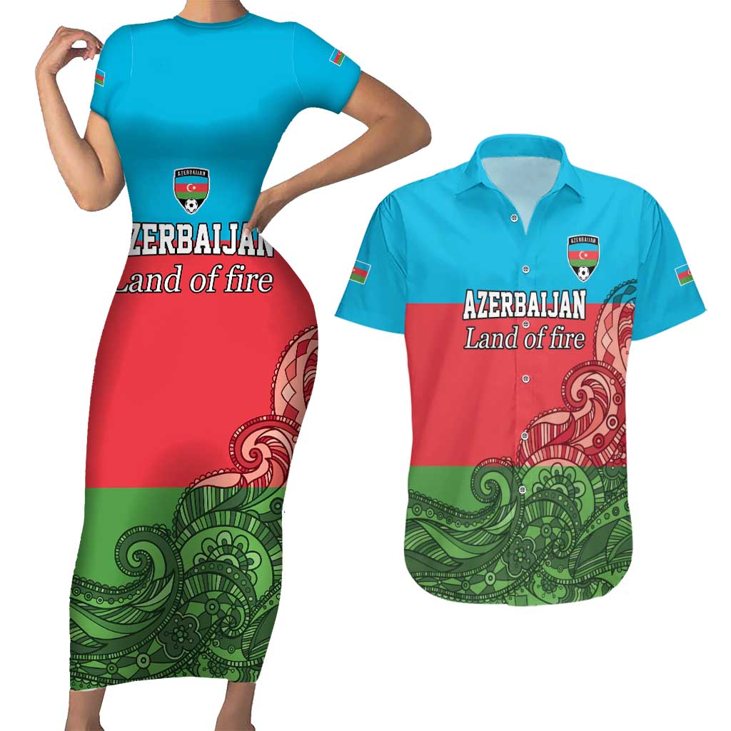 Custom Azerbaijan Football Couples Matching Short Sleeve Bodycon Dress and Hawaiian Shirt Azerbaijan Pattern Buta