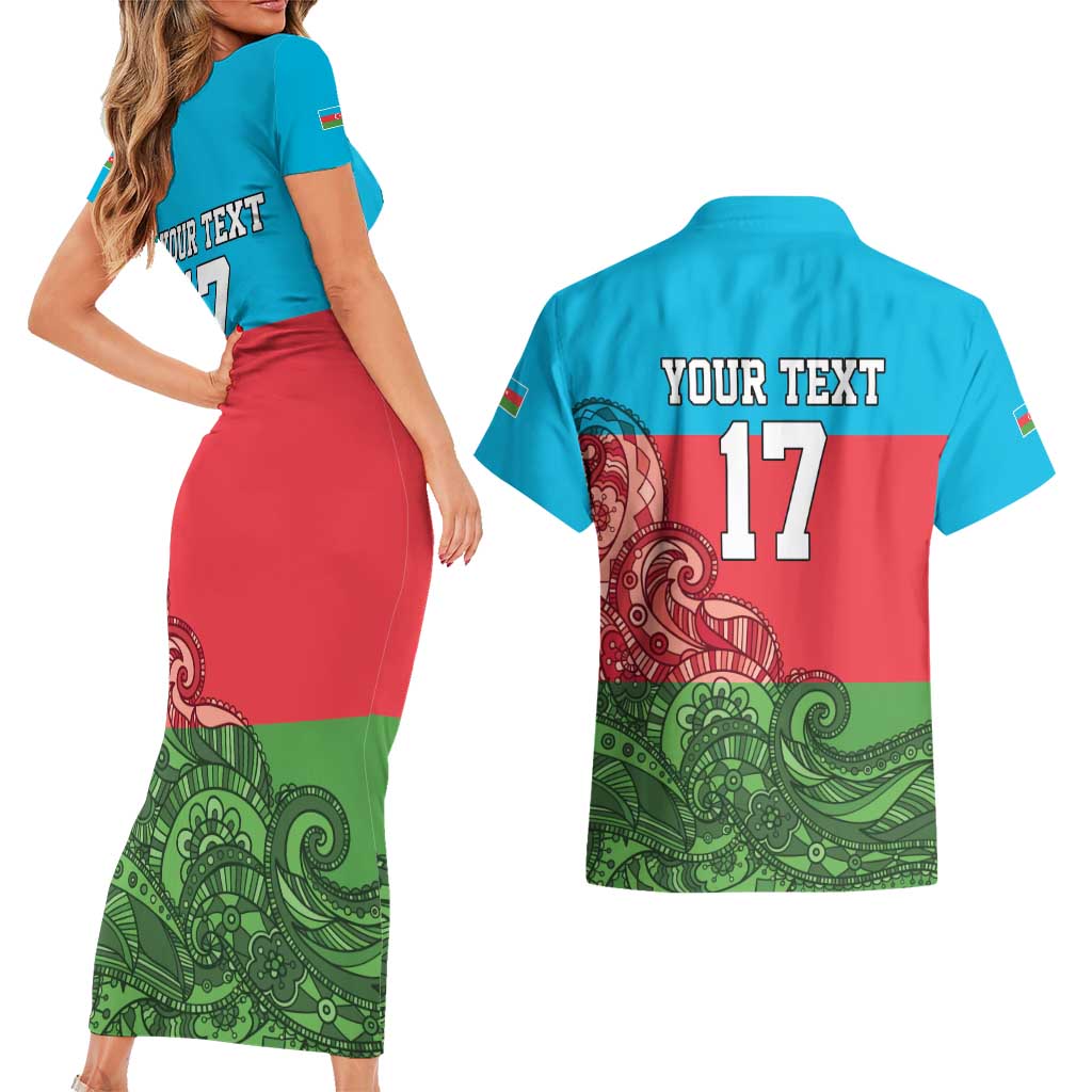 Custom Azerbaijan Football Couples Matching Short Sleeve Bodycon Dress and Hawaiian Shirt Azerbaijan Pattern Buta