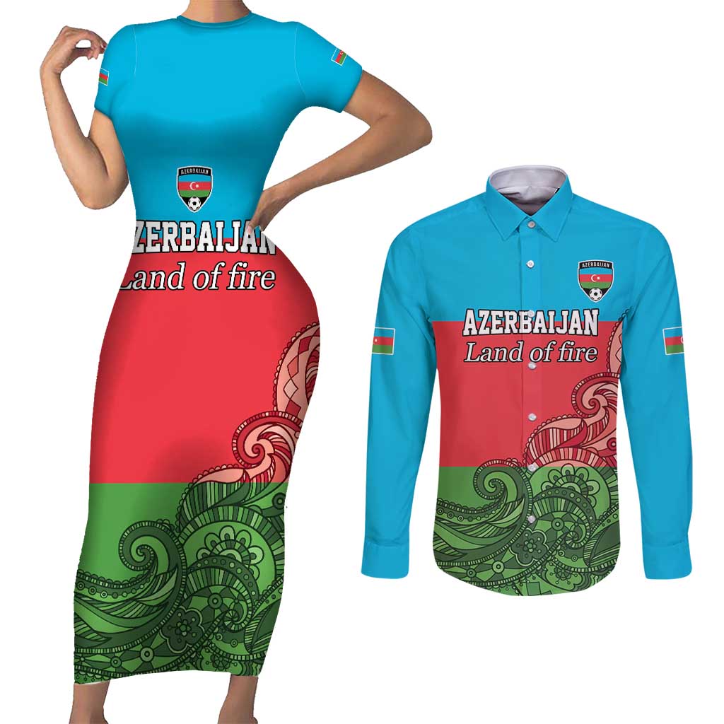 Custom Azerbaijan Football Couples Matching Short Sleeve Bodycon Dress and Long Sleeve Button Shirt Azerbaijan Pattern Buta