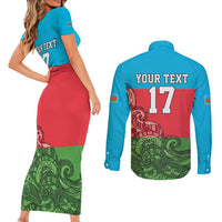 Custom Azerbaijan Football Couples Matching Short Sleeve Bodycon Dress and Long Sleeve Button Shirt Azerbaijan Pattern Buta