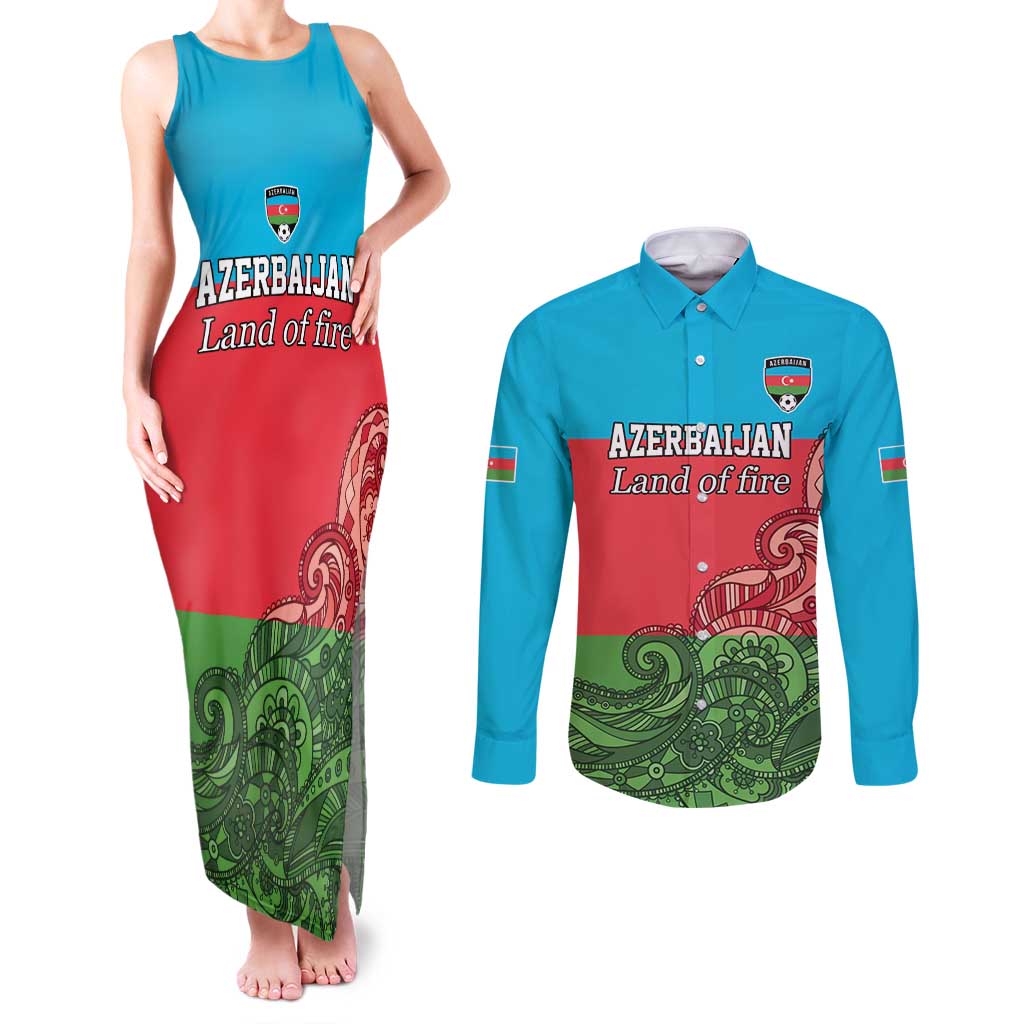 Custom Azerbaijan Football Couples Matching Tank Maxi Dress and Long Sleeve Button Shirt Azerbaijan Pattern Buta