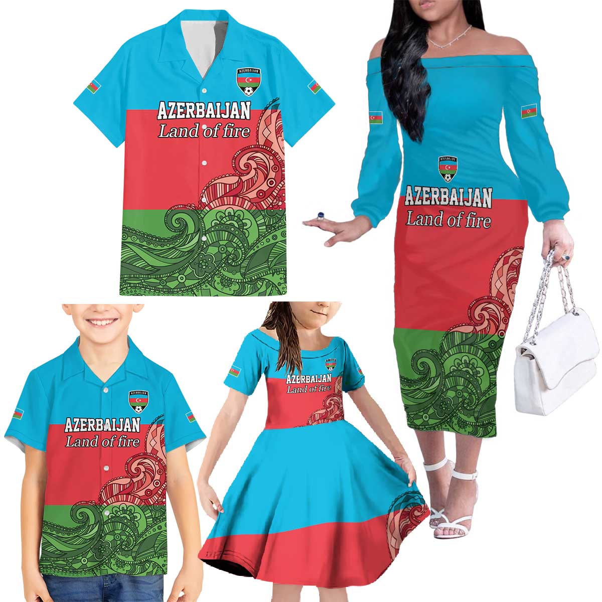 Custom Azerbaijan Football Family Matching Off The Shoulder Long Sleeve Dress and Hawaiian Shirt Azerbaijan Pattern Buta