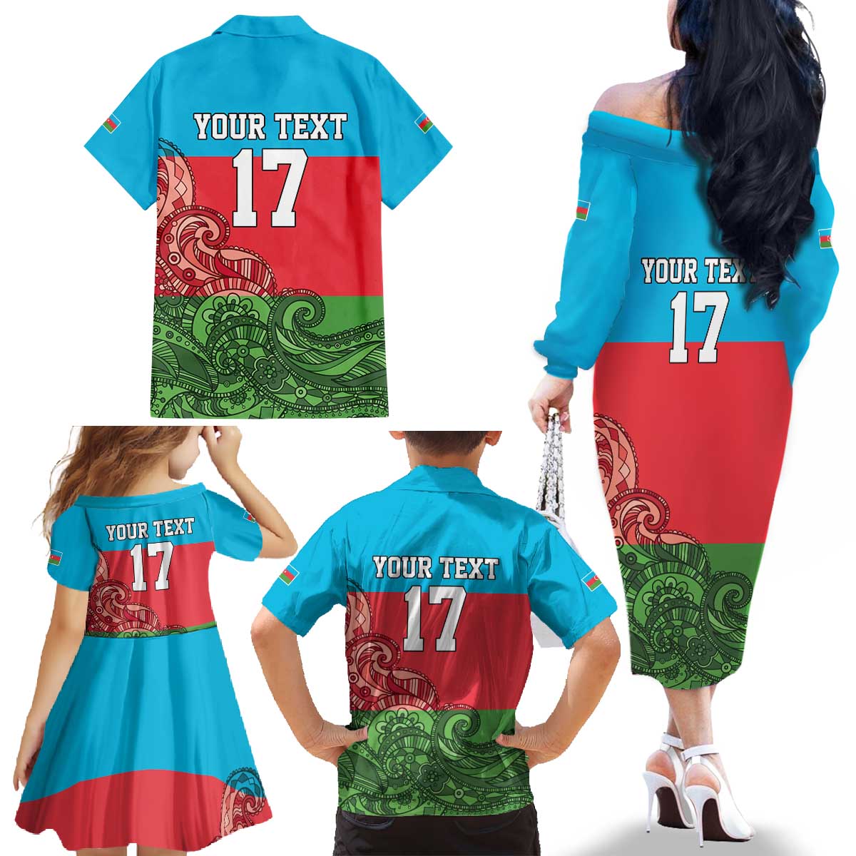Custom Azerbaijan Football Family Matching Off The Shoulder Long Sleeve Dress and Hawaiian Shirt Azerbaijan Pattern Buta
