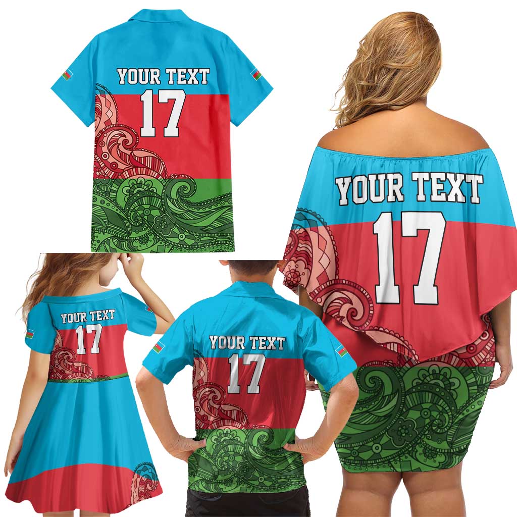 Custom Azerbaijan Football Family Matching Off Shoulder Short Dress and Hawaiian Shirt Azerbaijan Pattern Buta