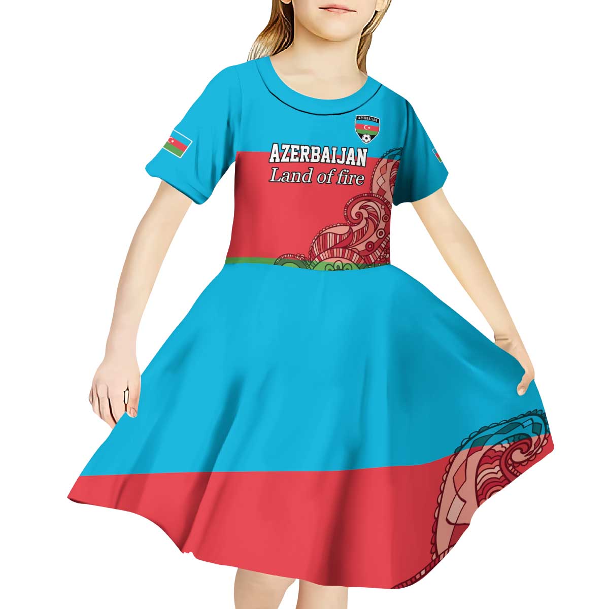 Custom Azerbaijan Football Kid Short Sleeve Dress Azerbaijan Pattern Buta