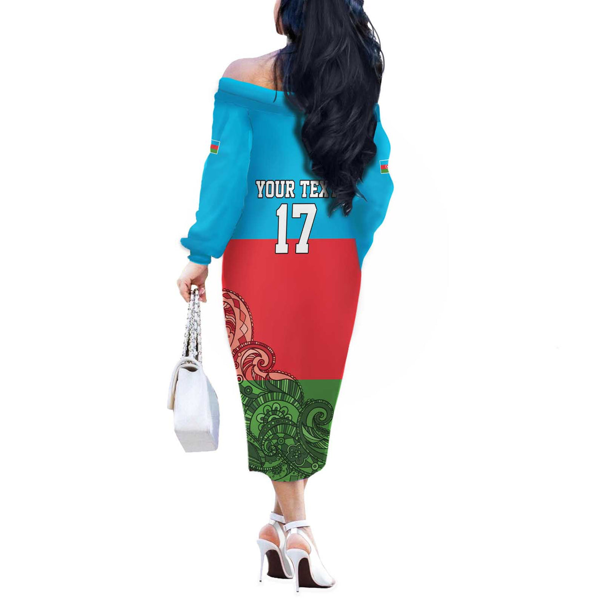 Custom Azerbaijan Football Off The Shoulder Long Sleeve Dress Azerbaijan Pattern Buta