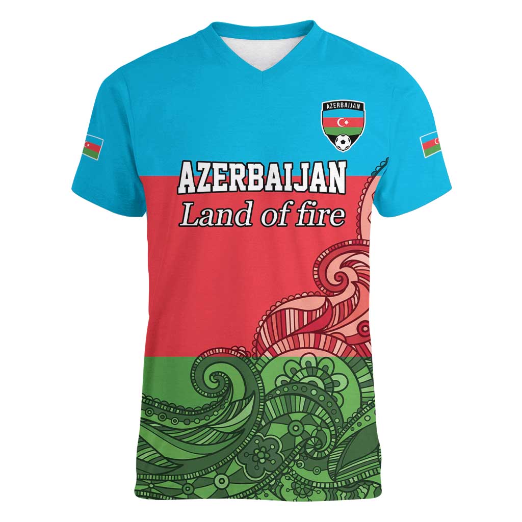 Custom Azerbaijan Football Women V-Neck T-Shirt Azerbaijan Pattern Buta