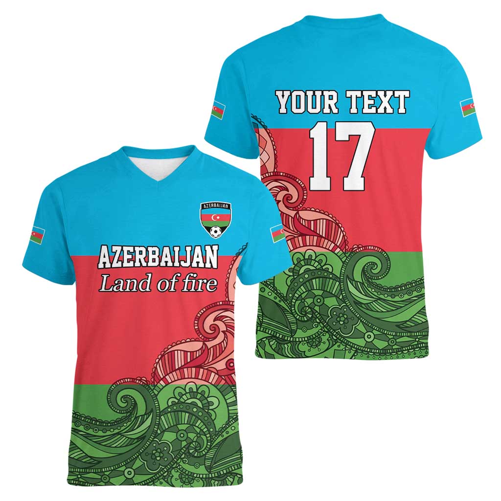 Custom Azerbaijan Football Women V-Neck T-Shirt Azerbaijan Pattern Buta