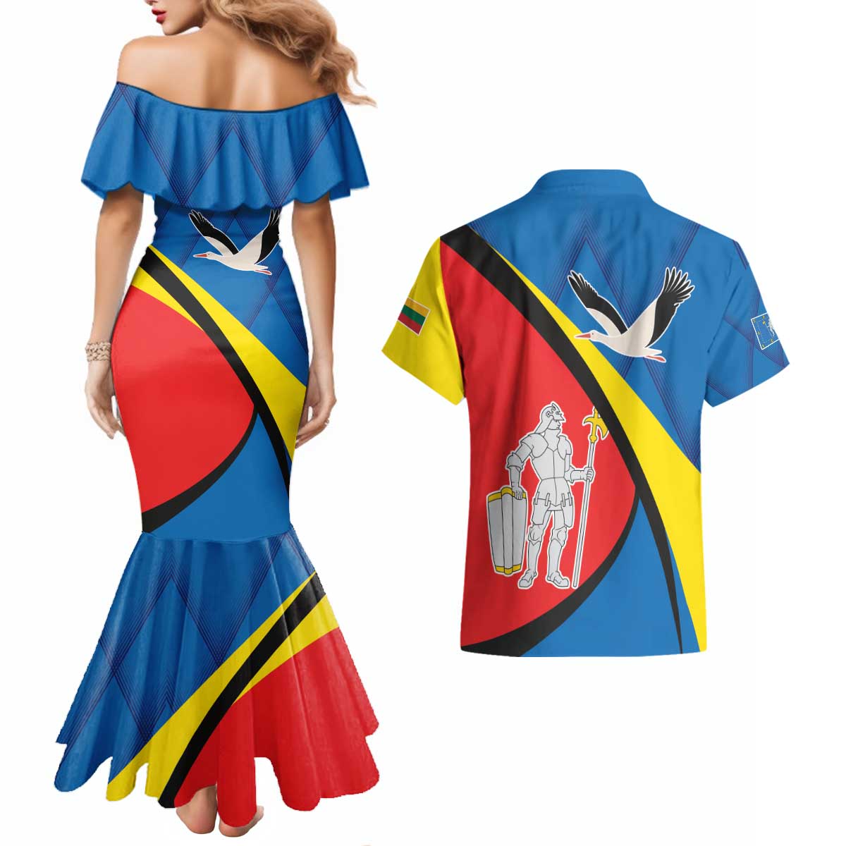 Lithuania Alytus County Couples Matching Mermaid Dress and Hawaiian Shirt Alytaus Apskritis Coat of Arms