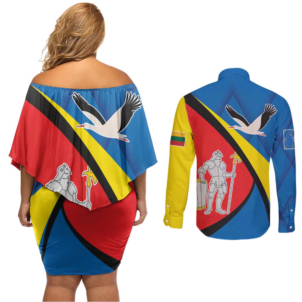 Lithuania Alytus County Couples Matching Off Shoulder Short Dress and Long Sleeve Button Shirt Alytaus Apskritis Coat of Arms