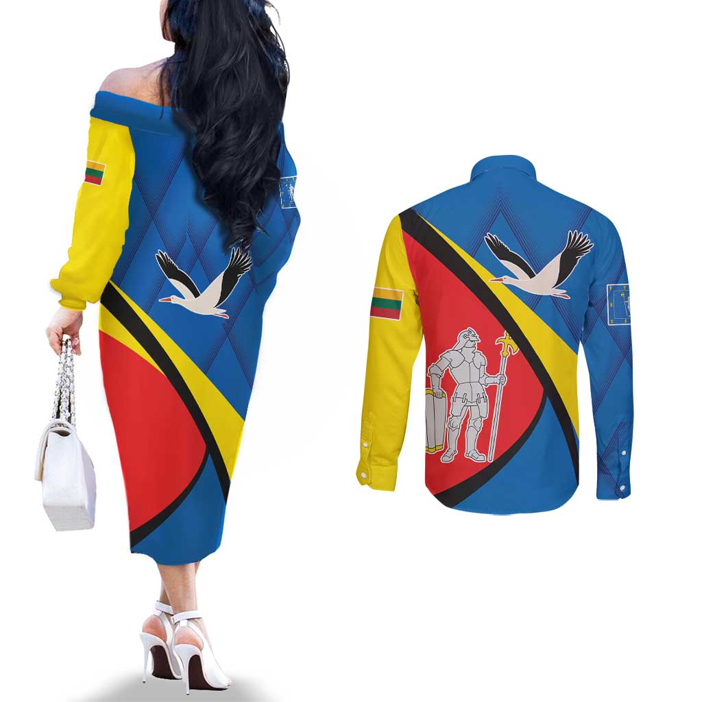 Lithuania Alytus County Couples Matching Off The Shoulder Long Sleeve Dress and Long Sleeve Button Shirt Alytaus Apskritis Coat of Arms