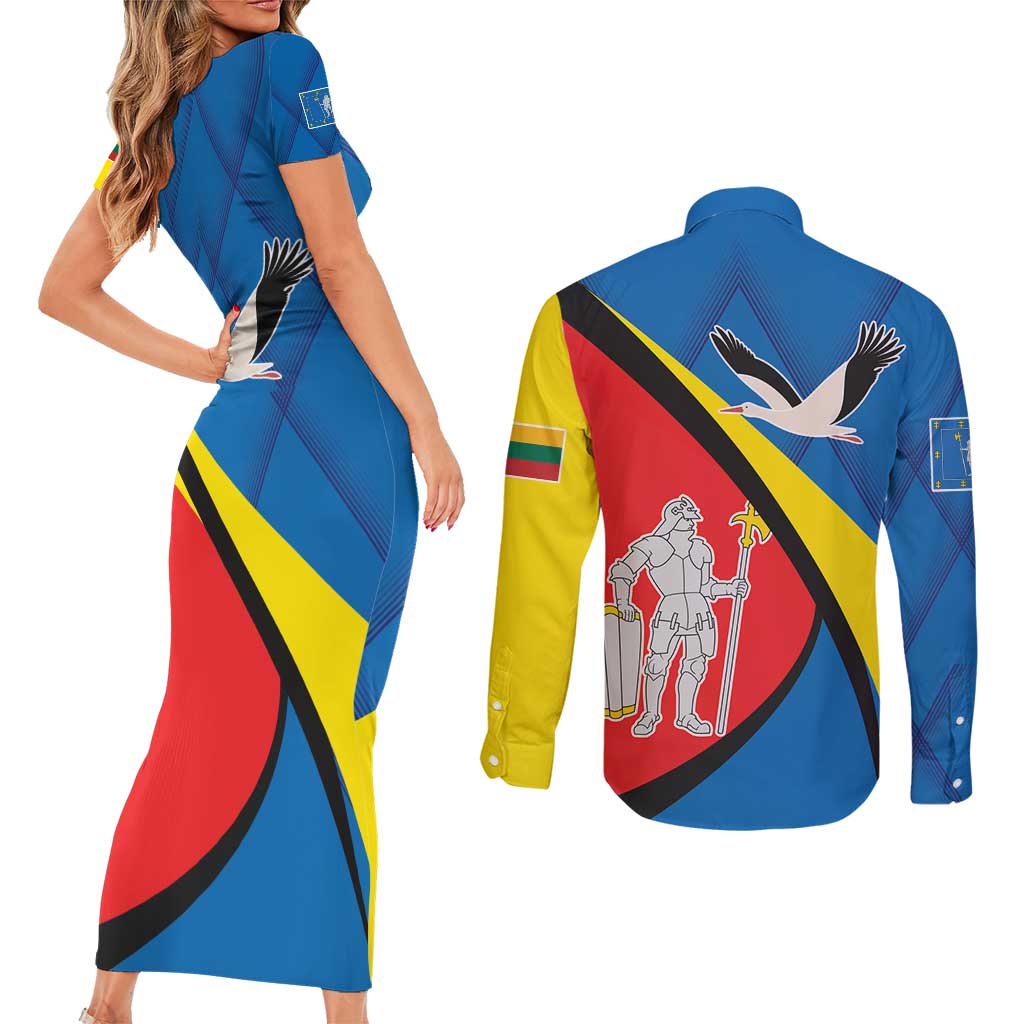 Lithuania Alytus County Couples Matching Short Sleeve Bodycon Dress and Long Sleeve Button Shirt Alytaus Apskritis Coat of Arms