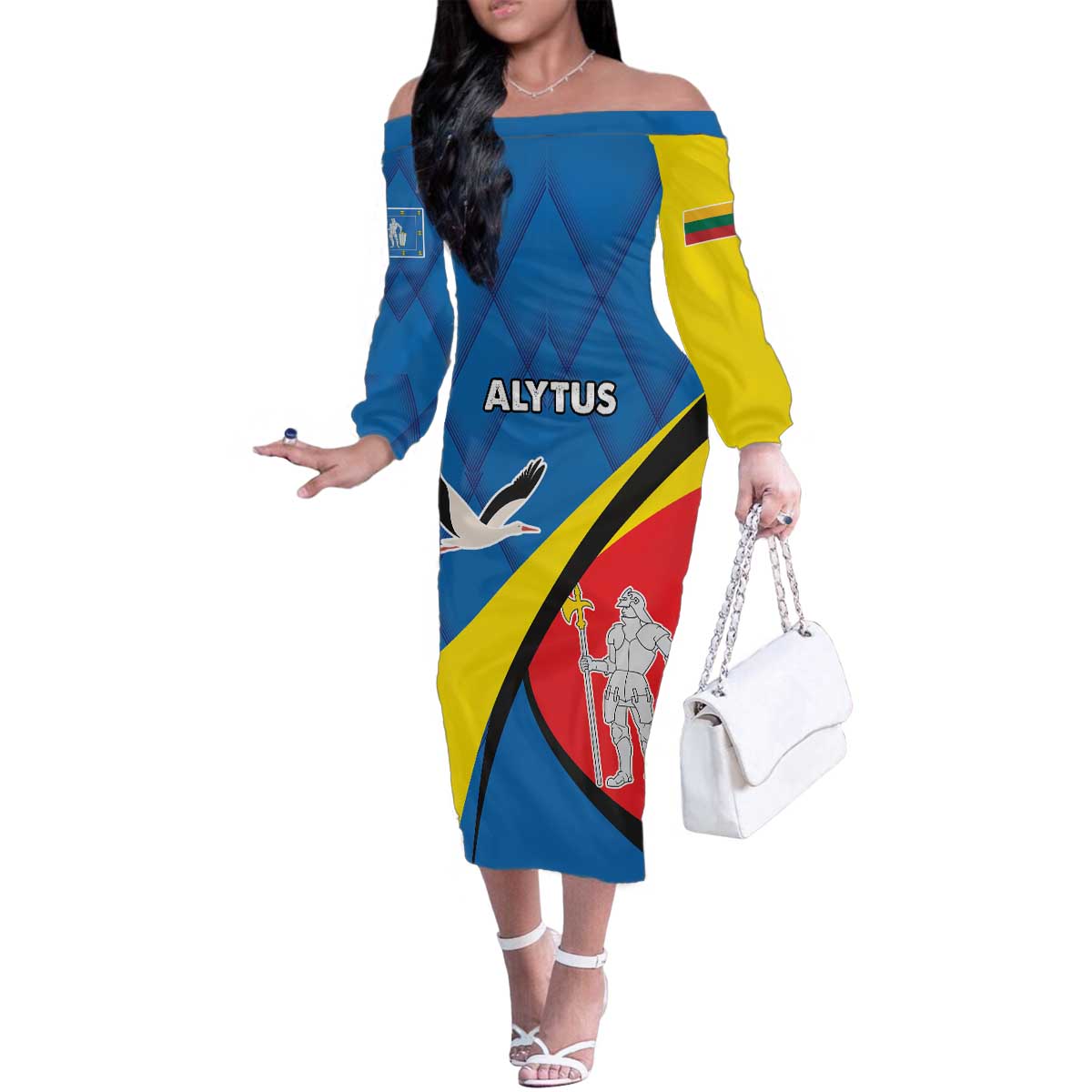 Lithuania Alytus County Family Matching Off The Shoulder Long Sleeve Dress and Hawaiian Shirt Alytaus Apskritis Coat of Arms